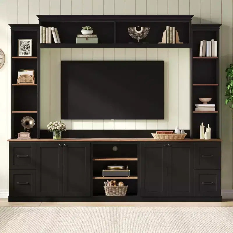 Unità a parete centro d'intrattenimento in stile rustico ModernLuxe 4-in-1, adatta a TV fino a 70, mobile TV e console multimediale con ripiani e cassetti regolabili