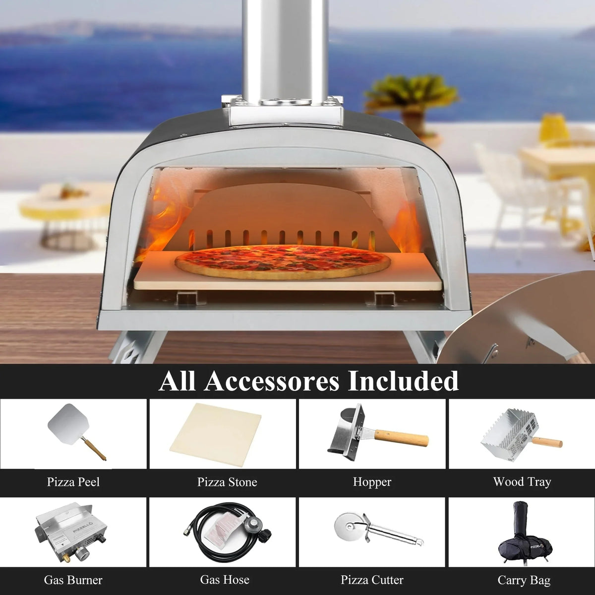 Forno de pizza exterior multicombustível, máquina de pizza de pedra com queimador a gás e caixa para lenha - 12 polegadas