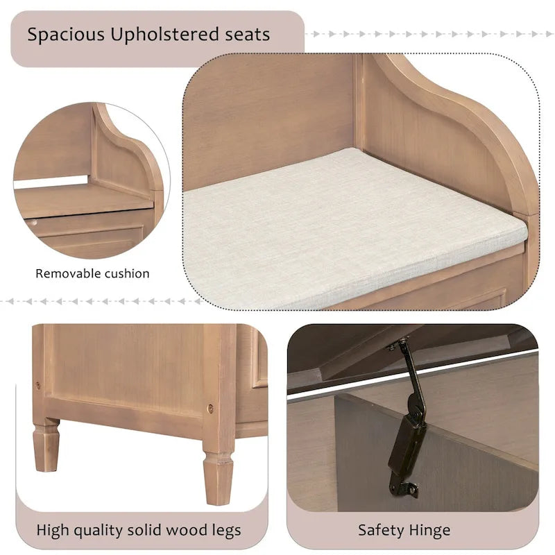 Panca contenitore rustica per ingresso in legno massello con cerniera di sicurezza