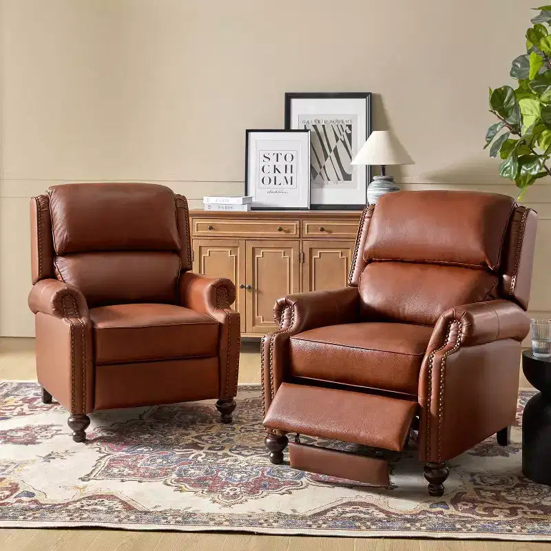 Conjunto de 2 cadeirões reclináveis Elisabete modernos, de costas altas, em pele genuína, com acabamento vintage de tachas, para sala de estar e quarto| ART OF LIVING DESIGNS