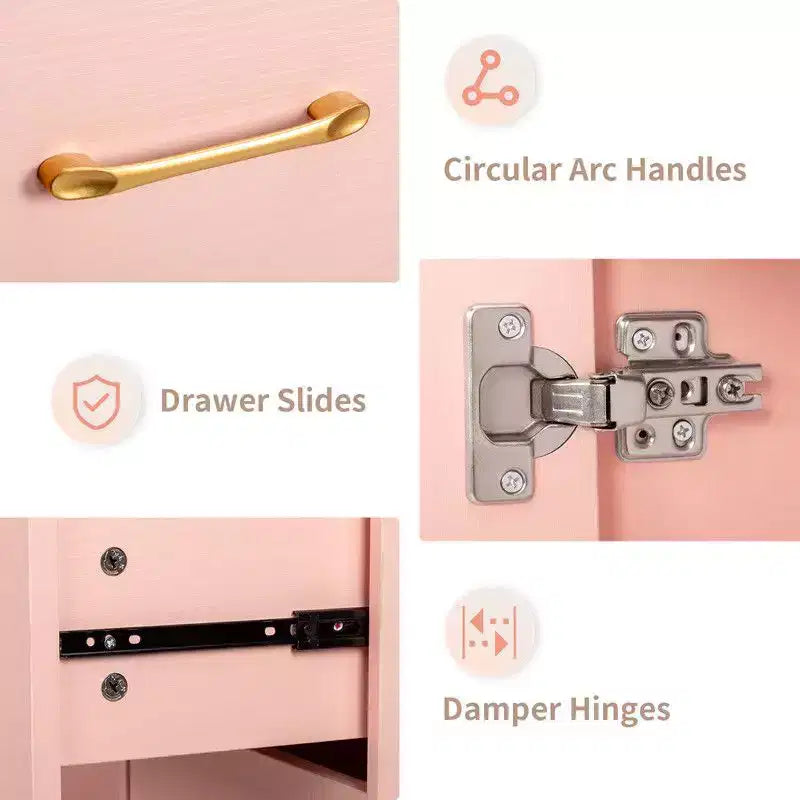 Mesa de manicure moderna preta/rosa com tampo de vidro e apoio para os pulsos, estação individual