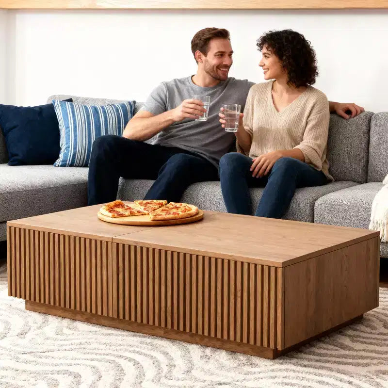 51.1 Mesa de centro moderna de meados do século com tampo elevável, mesa retangular central em nogueira para a sala de estar