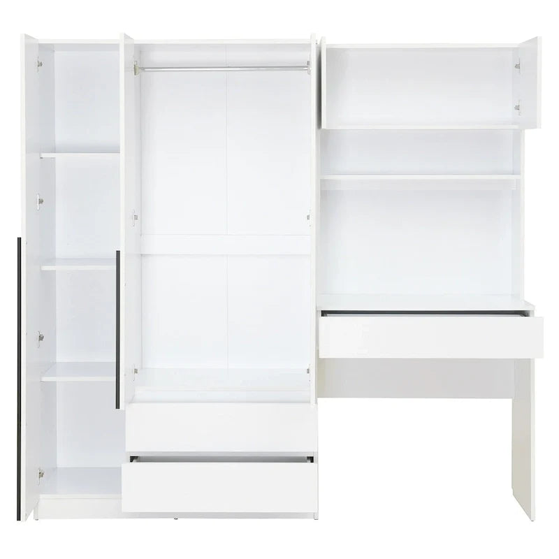 Roupeiro 3 em 1 com mesa de maquilhagem, conjunto de secretária, armário de quarto com 2 gavetas, 3 portas e espaço de arrumação