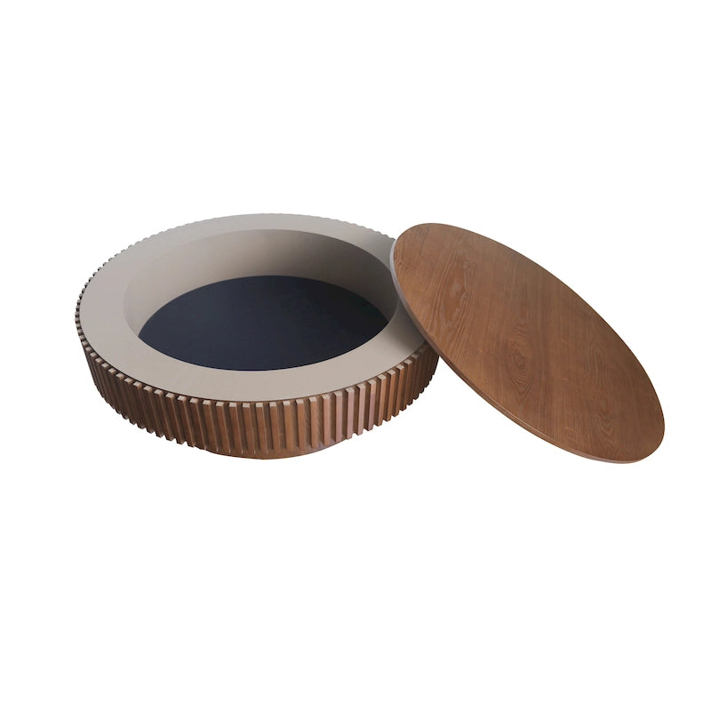Tavolino rotondo moderno in legno massello impiallacciato con contenitore, da caffè o da tè