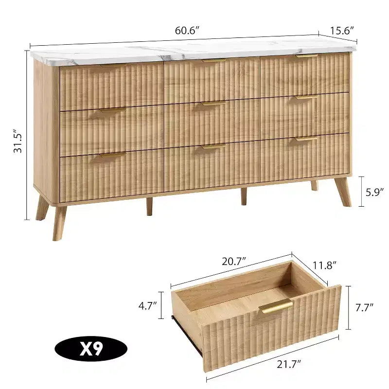 Komoda s 9 rýhovanými zásuvkami, moderní skříňka, dřevěná komoda pod TV, design se zaobleným profilem do obývacího pokoje nebo chodby