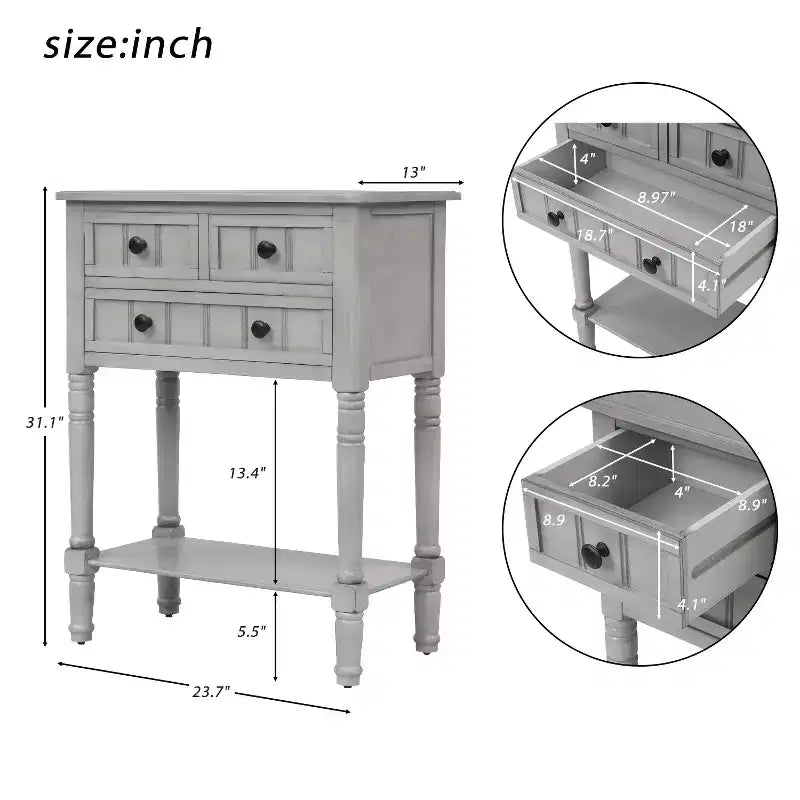 Mesa de consola estreita de 23.7 pol. com 3 gavetas e prateleira, mesa de sofá para entradas ou salas de estar pequenas