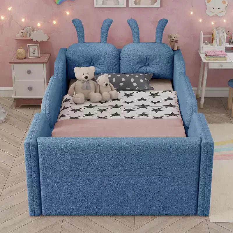 Whisen Einzelbett mit Plattform, gepolstertes Bodenbettgestell für Kinder mit Hasenkissen und abnehmbaren Seitengittern