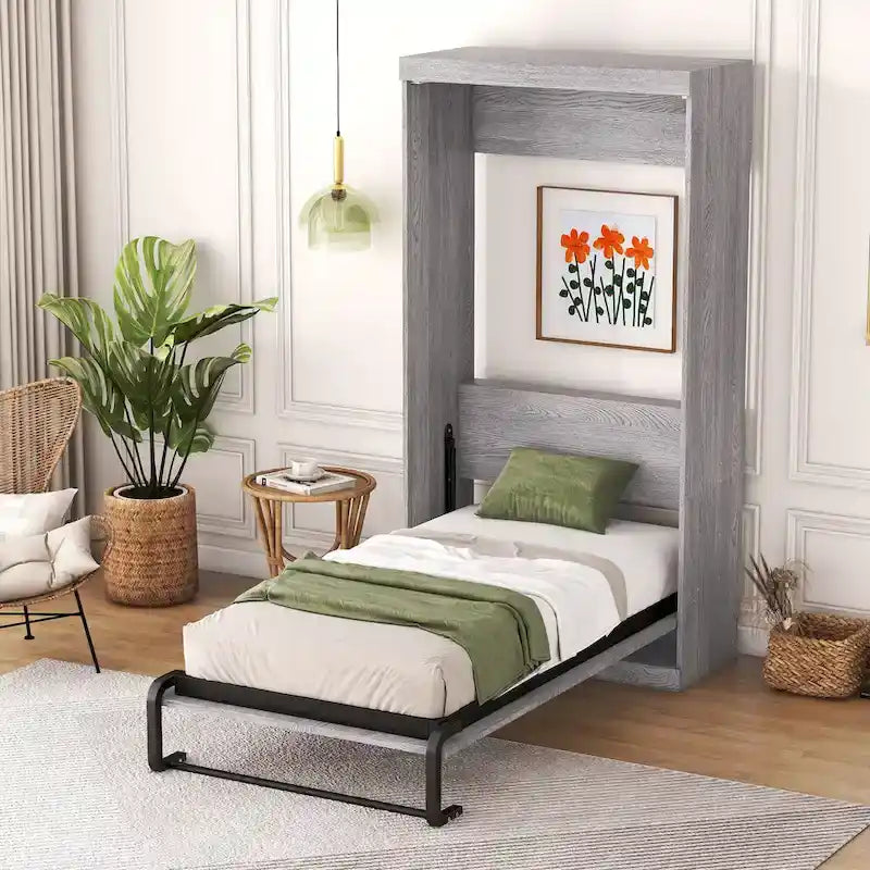 Cama escamoteável de tamanho Twin, pode ser dobrada e guardada num armário, cinzenta