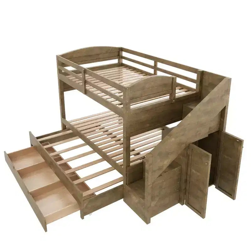 Estrutura de beliche Whisen Twin XL com cama auxiliar, beliche com arrumação, madeira maciça, escada com arrumação, roupeiro e 3 gavetas, para crianças