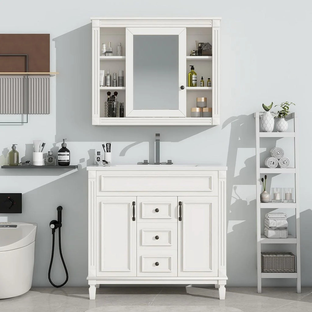 Moderne badkamermeubelset van 36 inch met wastafelblad, spiegelkast, 2 deuren en 2 laden