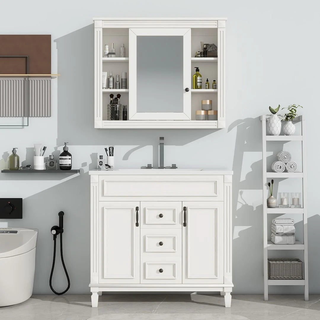 Moderne badkamermeubelset van 36 inch met wastafelblad, spiegelkast, 2 deuren en 2 laden