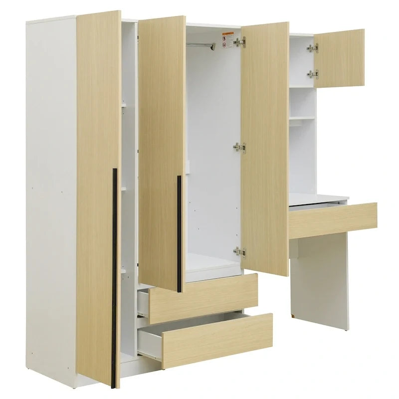 Roupeiro 3 em 1 com mesa de maquilhagem, conjunto de secretária, armário de quarto com 2 gavetas, 3 portas e espaço de arrumação