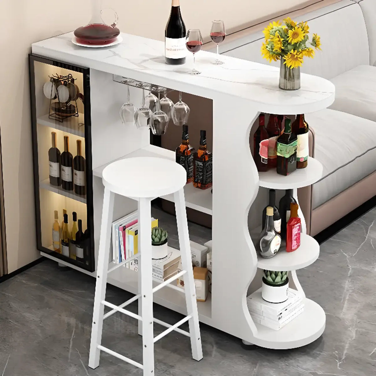 Table de bar moderne de forme libre avec plateau en pierre et rangement pour bars à domicile