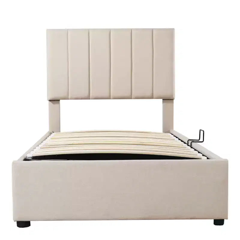 Cama com arrumação elevatória Bellemave de tamanho individual, cama de plataforma estofada com sistema de arrumação hidráulico, cabeceira com riscas verticais, bege