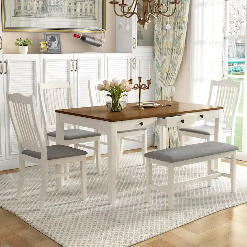 6-teiliges Esszimmer-Set aus Holz mit 4 Stühlen und Bank, Tisch mit Schublade