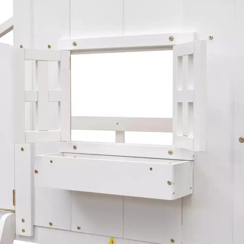 Cama alta de tamanho Twin em forma de casa, cama alta de madeira tipo casinha com escada e barreiras de proteção para crianças