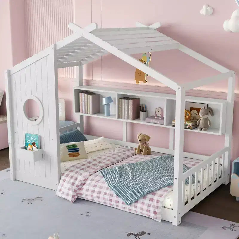 Estrutura de cama de plataforma para crianças de tamanho individual/duplo, cama de chão Montessori infantil, cama casinha de brincar com prateleira de arrumação - ModernLuxe