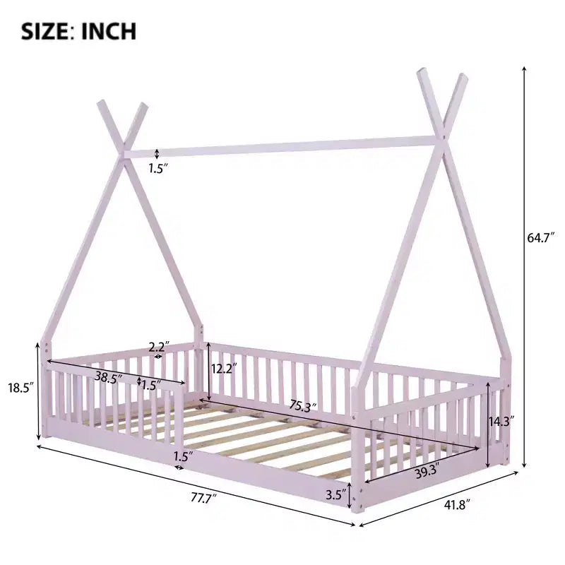 Cama de chão para crianças, camas-tenda individuais, cama de chão Montessori com ripas e grades de proteção, estrutura de cama-casa de madeira para meninos e meninas