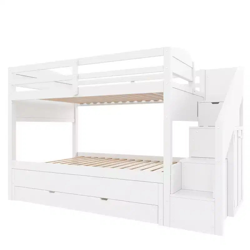 Estrutura de beliche Whisen Twin XL com cama auxiliar, beliche com arrumação, madeira maciça, escada com arrumação, roupeiro e 3 gavetas, para crianças