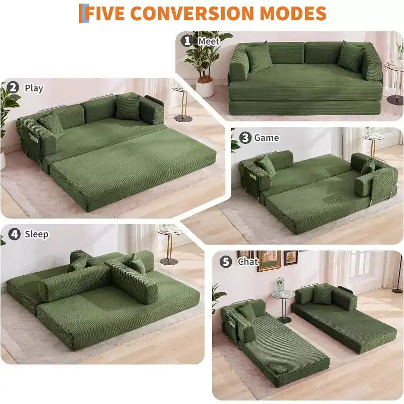 Sofá-cama convertível 5-em-1, sofá-cama modular de bombazina de 78.8 com estrutura robusta, futon multifunções para espaços pequenos, sala de estar e quarto de hóspedes