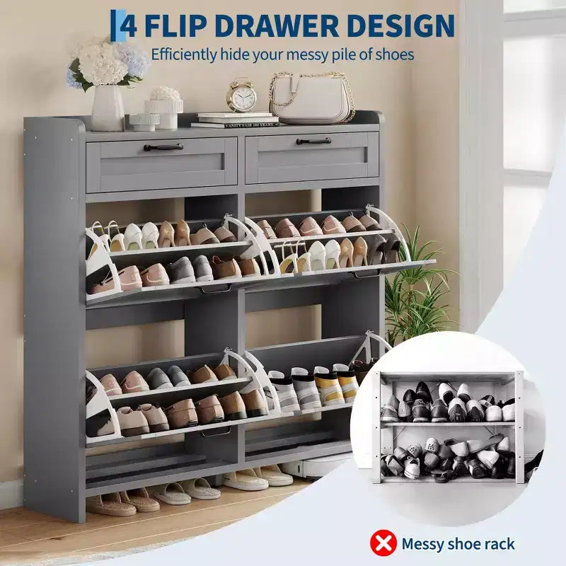 Schuhschrank mit 4 Klappschubladen und 2 oberen Schubladen, hölzerner Schuhorganizer-Schrank mit verstellbarem Regal, freistehende Schuhaufbewahrungsschränke