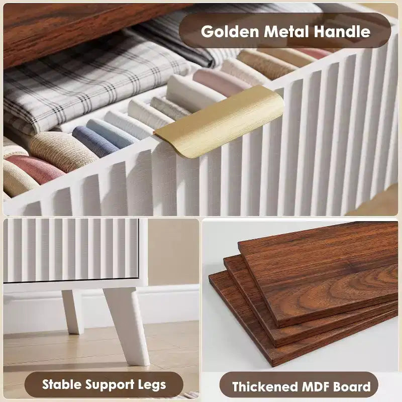 Komoda s 9 rýhovanými zásuvkami, moderní skříňka, dřevěná komoda pod TV, design se zaobleným profilem do obývacího pokoje nebo chodby