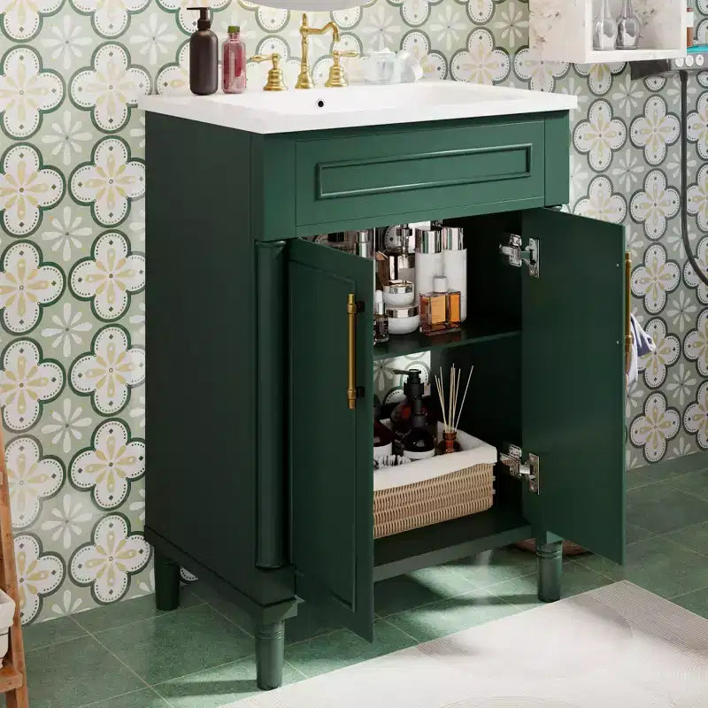Móvel de casa de banho de 24 com lavatório cerâmico, armário Shaker, 2 portas com fecho suave e estrutura de madeira maciça para casa de banho pequena ou lavabo