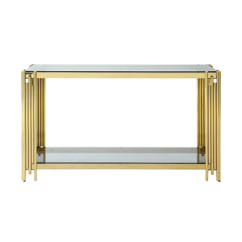 Schmaler 2-stufiger Konsolentisch mit goldfarbenem Metallgestell und Tischplatte aus gehärtetem Glas