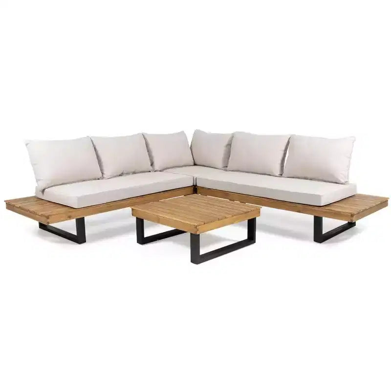 Conjunto de sofá modular de exterior em L, conjunto de lazer para pátio, conjunto de assentos para convívio no jardim com mesa de centro e almofada resistente à água - ModernLuxe