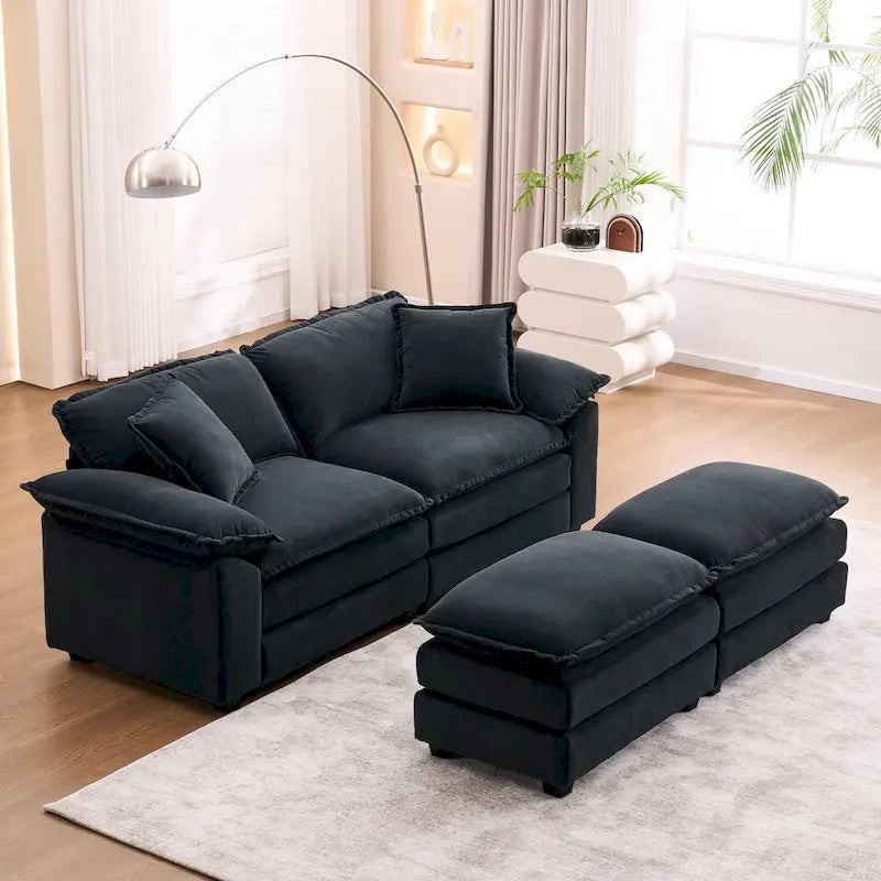Canapé 2 places avec 2 coussins, 2 oreillers et 2 poufs, canapé confortable – canapé profond modulable pour le salon