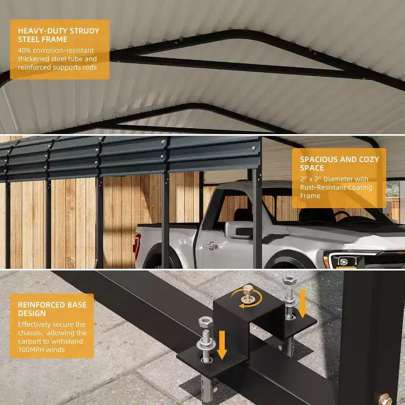 Carport in metallo LinTimes da 12x24 piedi con tetto in acciaio zincato, struttura verniciata a polvere, riparo resistente all'acqua per veicoli, protezione da esterno