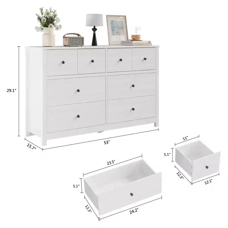 Moderne ladekast met 8 laden voor de slaapkamer, brede houten kast met diepe opbergruimte, vrijstaande organiserende kast voor de woonkamer