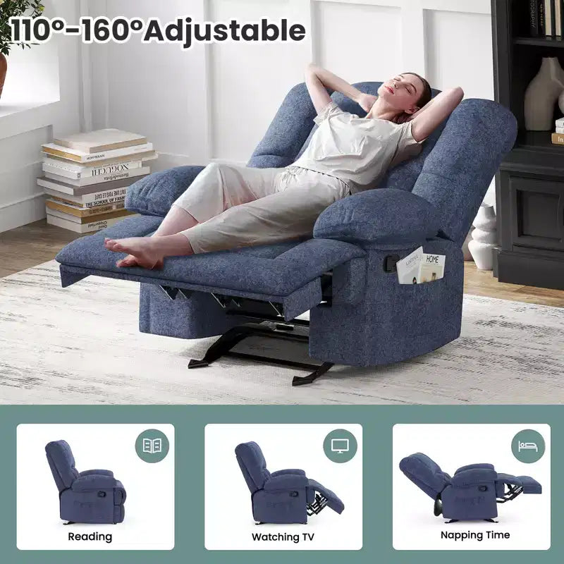 Cadeirão reclinável de baloiço extragrande azul, com revestimento em chenille