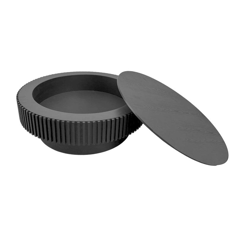 Tavolino rotondo moderno in legno massello impiallacciato con contenitore, da caffè o da tè