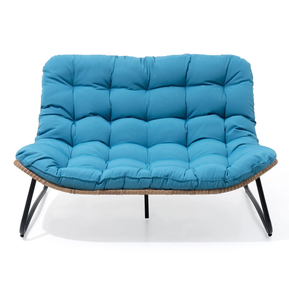 Doppelter Papasan-Sessel als Loveseat mit Kissen, wetterfestes PE-Rattan und Metallgestell für drinnen und draußen