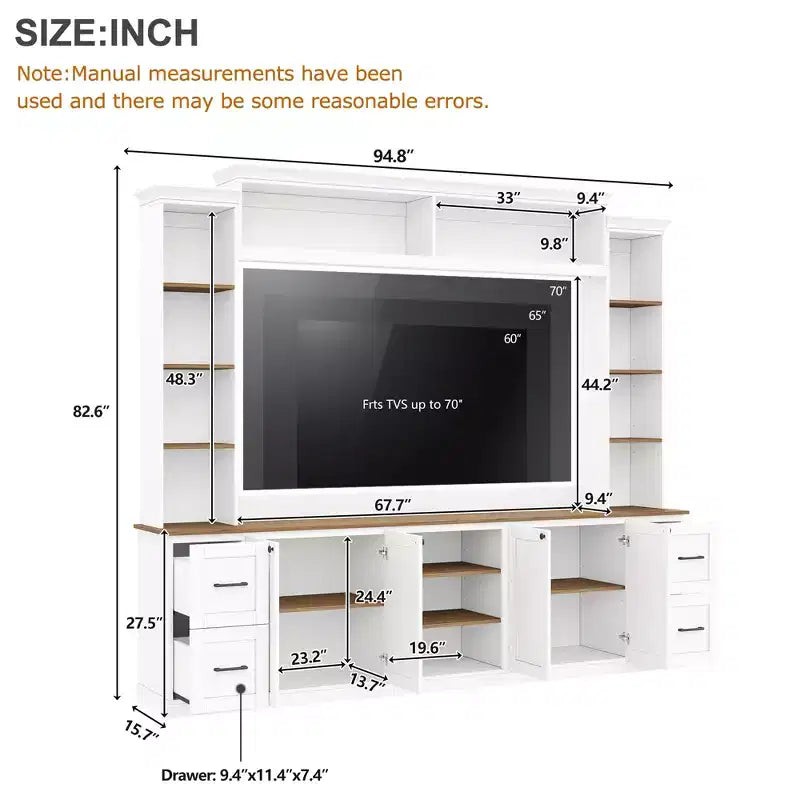 Unità a parete centro d'intrattenimento in stile rustico ModernLuxe 4-in-1, adatta a TV fino a 70, mobile TV e console multimediale con ripiani e cassetti regolabili