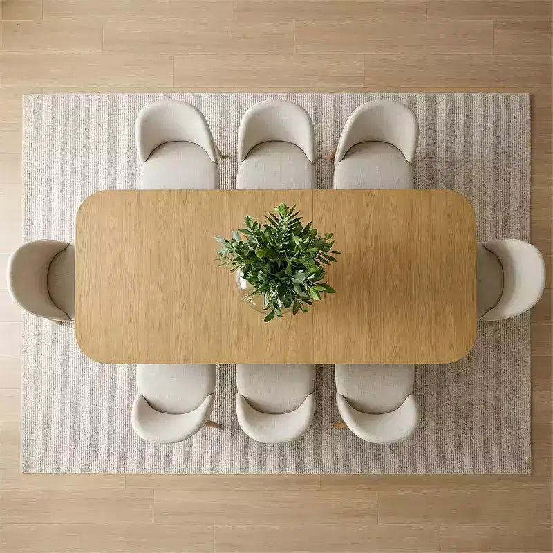 Set da pranzo composto da 9 pezzi per 8 persone, tavolo allungabile con base a cavalletto e sedie imbottite con gambe in legno massello-Panipeachy
