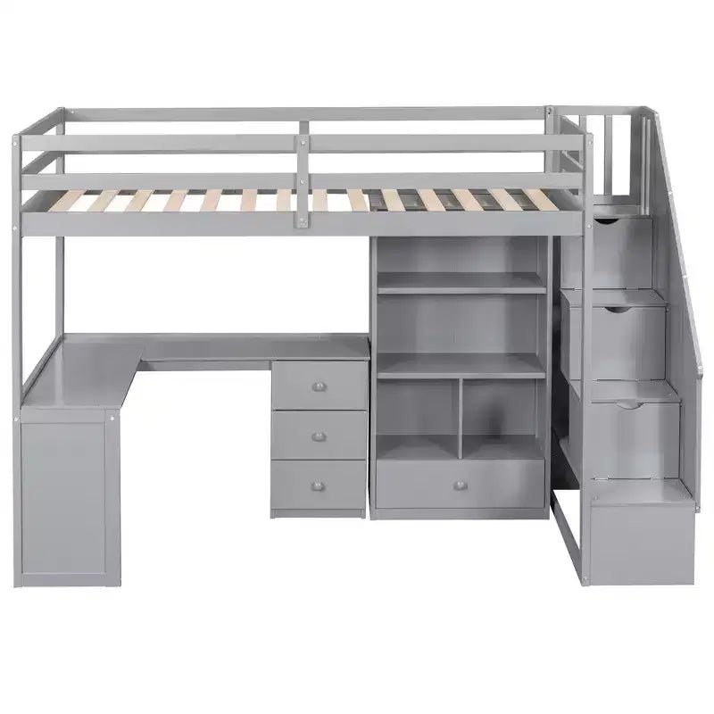 Hochbett in Twin-Größe mit L-förmigem Schreibtisch, 3 Schubladen, Schrank und Stauraum in der Treppe, Konstruktion aus massivem Kiefernholz/MDF