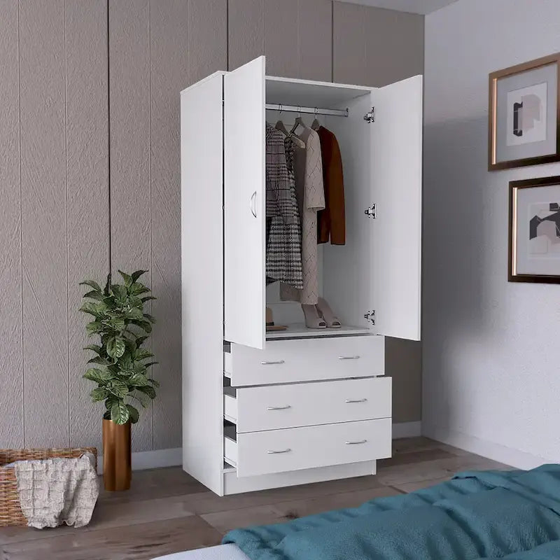 Armário moderno de duas portas 19 com 3 gavetas e 1 varão para quarto