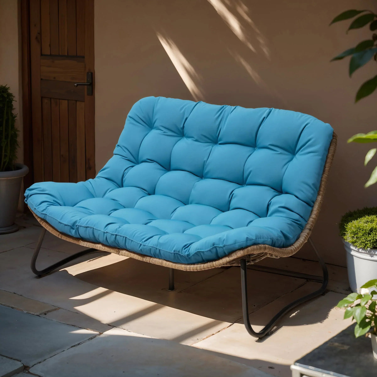 Doppelter Papasan-Sessel als Loveseat mit Kissen, wetterfestes PE-Rattan und Metallgestell für drinnen und draußen