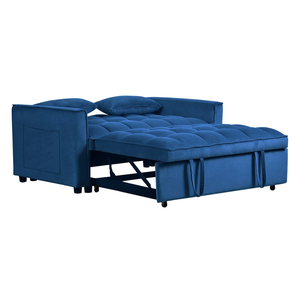 Sofá-cama moderno extensível, sofá-cama 3-em-1 com encosto ajustável, sofá de dois lugares em veludo, almofadas e bolsos laterais