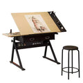 Table de dessin réglable en hauteur, table à dessin inclinable de 0 à 75°, bureau d’artiste pour adultes avec 2 tiroirs de rangement, avec tabouret