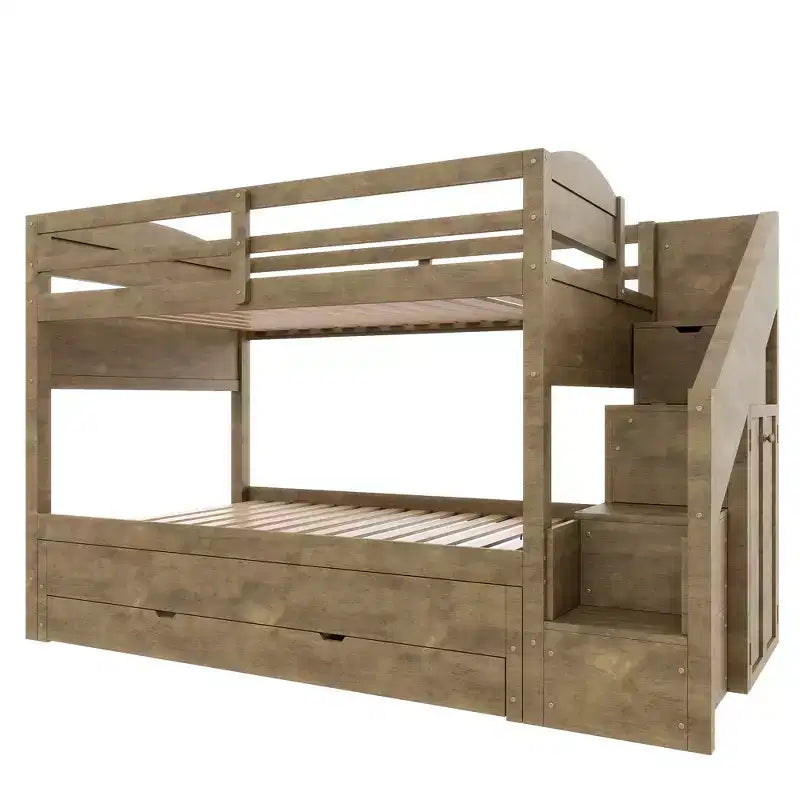Estrutura de beliche Whisen Twin XL com cama auxiliar, beliche com arrumação, madeira maciça, escada com arrumação, roupeiro e 3 gavetas, para crianças