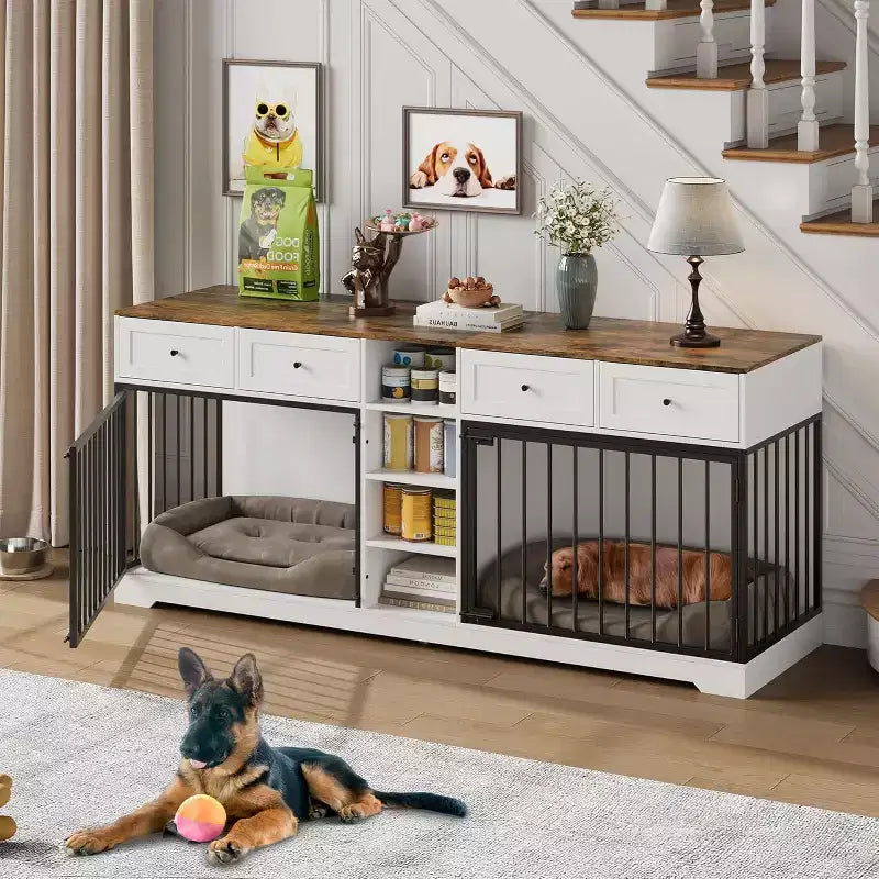 82 Casota de mobiliário para dois cães, canil grande para interior, casota de madeira resistente para 2 cães com suporte para TV, 4 gavetas e prateleiras