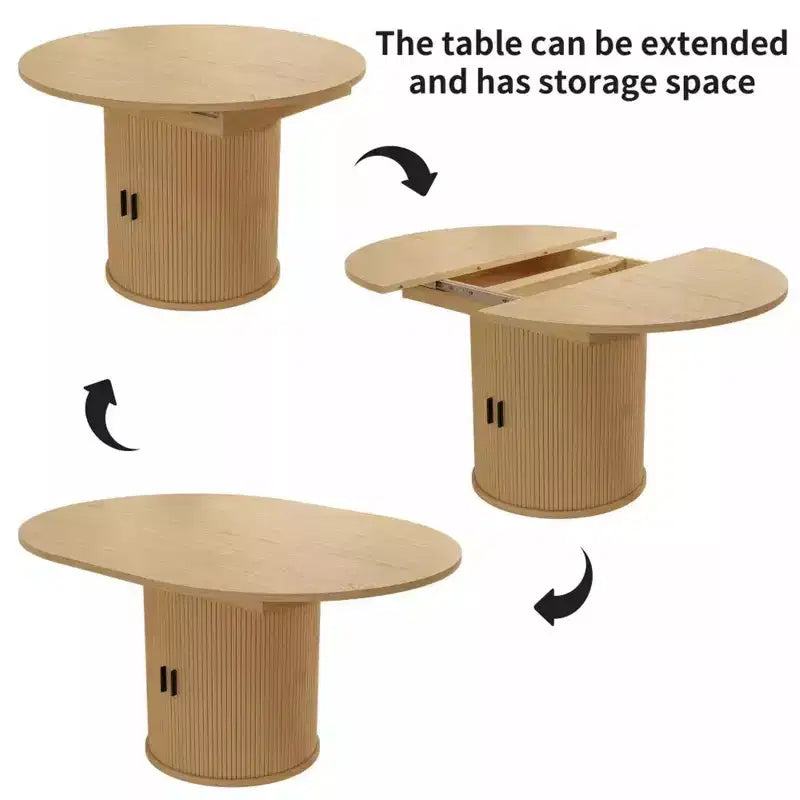Mesa de cozinha e sala de jantar redonda extensível Dyonery 63 com prateleira de arrumação de 2 níveis, base pedestal, mobiliário de jantar em madeira oval circular, nogueira
