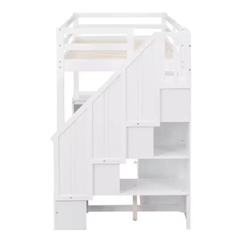 Hochbett in Twin-Größe mit L-förmigem Schreibtisch, 3 Schubladen, Schrank und Stauraum in der Treppe, Konstruktion aus massivem Kiefernholz/MDF