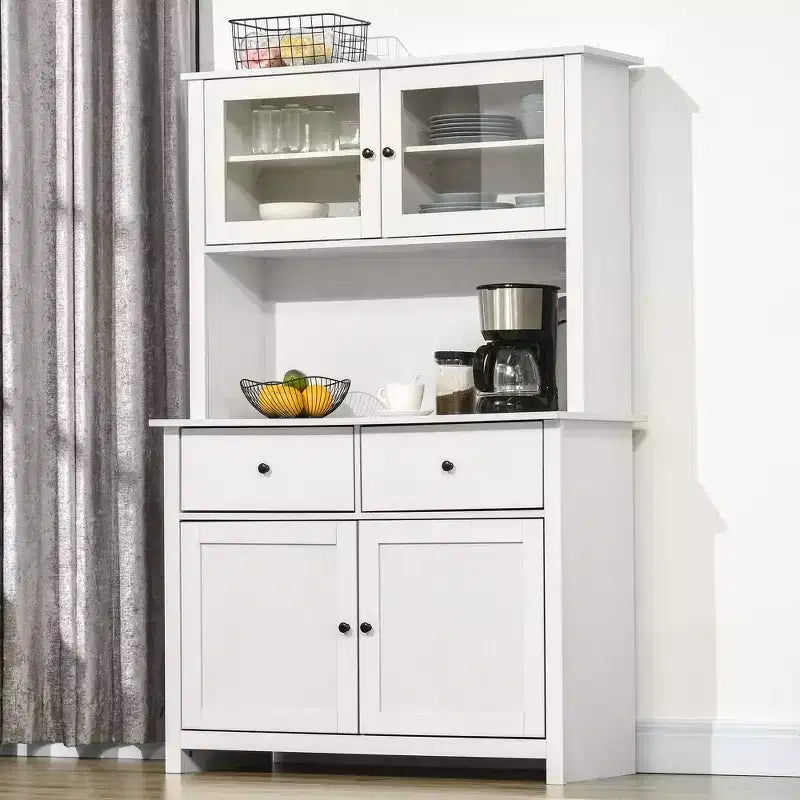 HOMCOM 63.5 Aparador de cozinha com módulo superior, armário de despensa com 4 prateleiras, gavetas, portas de vidro com moldura e bancada aberta para micro-ondas