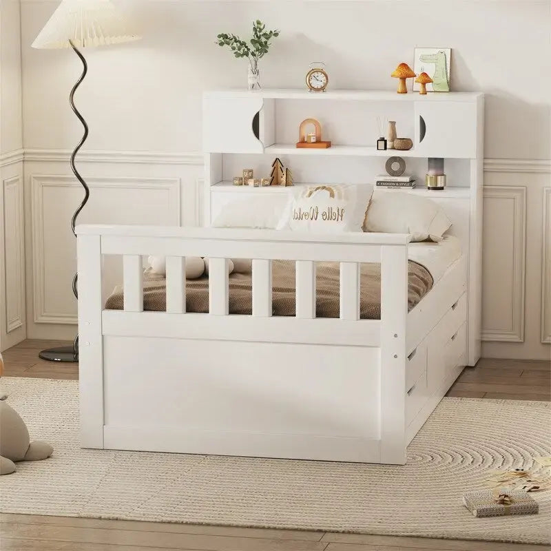Cama de plataforma tipo capitão Twin/Full com 4 gavetas e prateleiras de arrumação, estrutura de cama em madeira maciça com cabeceira-estante para arrumação