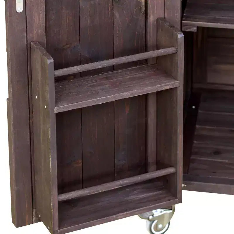 Okak Outdoor-Kücheninsel mit Edelstahlplatte, Küchenwagen aus Holz mit Türen, Regalen und Gewürzablage, rollbare Kücheninsel