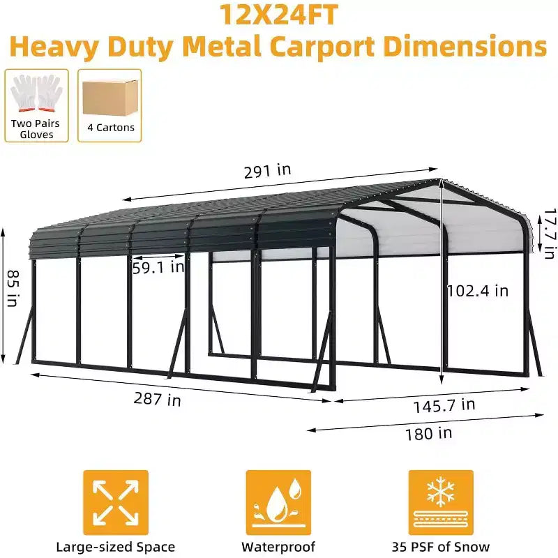 Carport in metallo LinTimes da 12x24 piedi con tetto in acciaio zincato, struttura verniciata a polvere, riparo resistente all'acqua per veicoli, protezione da esterno